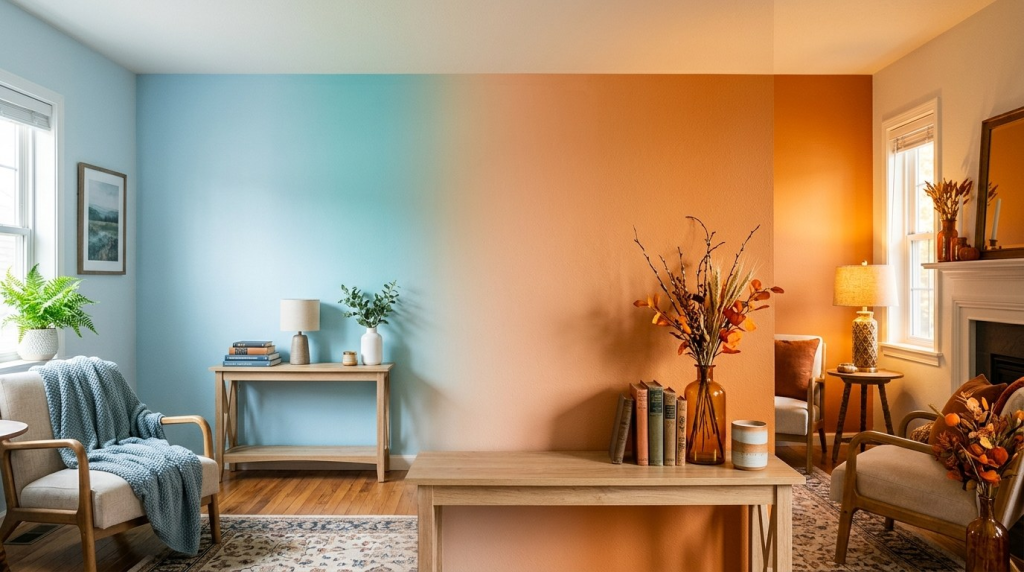Interior space featuring a wall with a seamless color gradient transitioning from calming blue to warm sunset orange.
