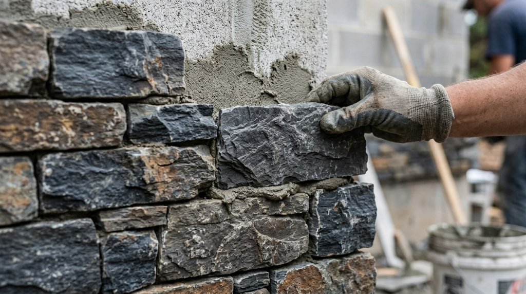Close-up of a worker's gloved hand carefully placing a grey slate stone onto a mortar-covered wall under construction.