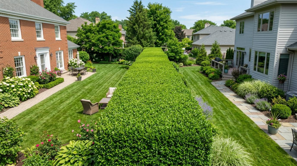 A perfectly trimmed tall privacy hedge dividing two suburban backyards with lush green lawns and stone patio spaces.