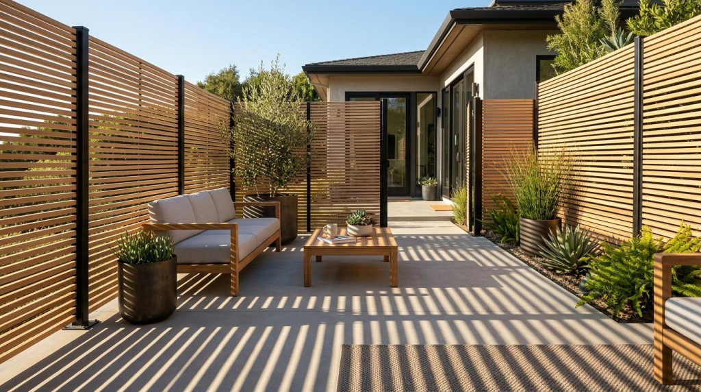 A modern outdoor patio featuring a wooden slat privacy fence, a gray sofa, and a coffee table with striped shadows on the floor.