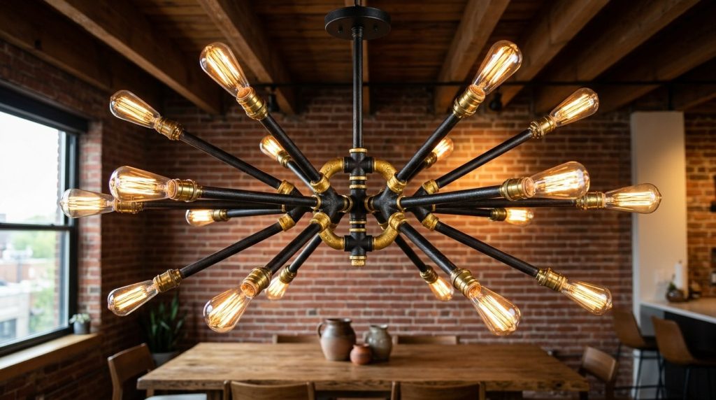 A large industrial pipe chandelier with glowing Edison bulbs hanging in a rustic dining room with exposed brick walls.