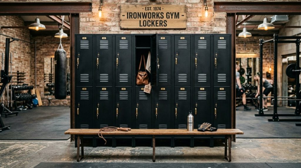 An industrial-style gym interior featuring a row of black metal lockers, a wooden bench, and vintage workout equipment.