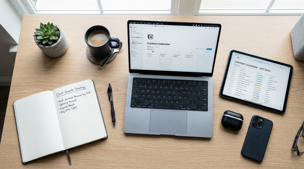 A modern workspace with a laptop, digital tablet, and a cup of coffee on a desk.