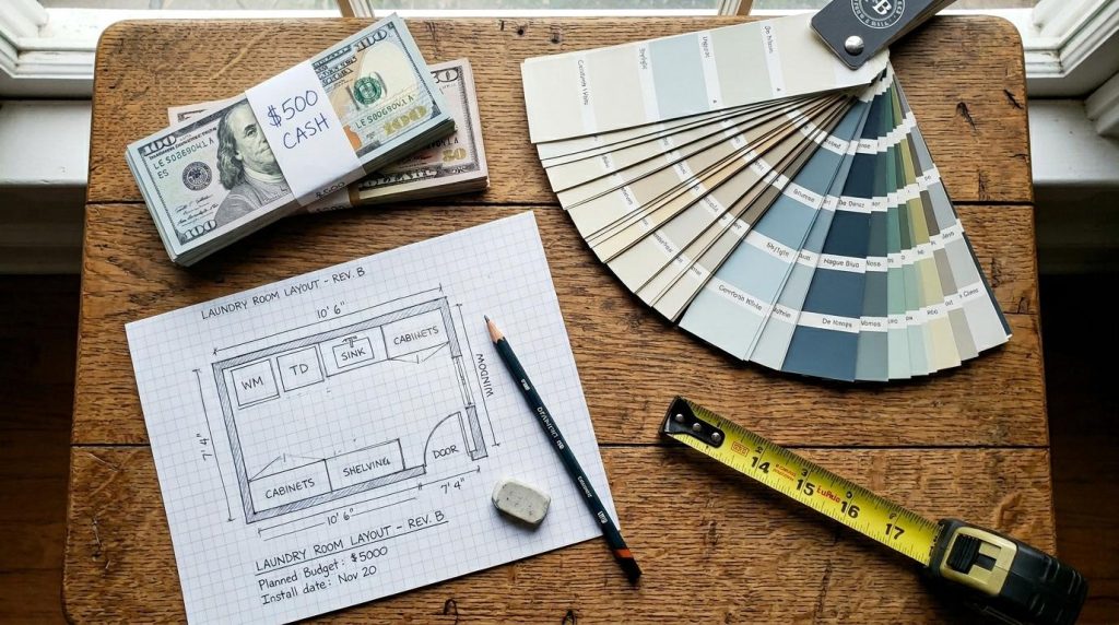 A laundry room renovation layout on a wooden desk with stacks of cash, a tape measure, paint swatches, and a pencil.