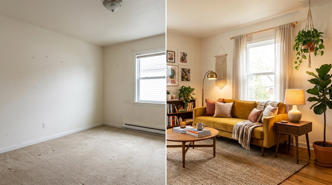 A split image showing a bare white room before and after being furnished into a warm, bohemian-style living room.