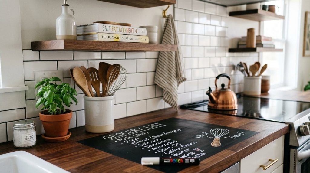 A modern kitchen featuring an affordable and stylish custom chalkboard countertop surface.