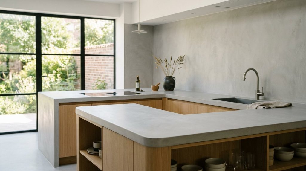 A sleek grey microcement kitchen countertop that looks high-end on a budget.