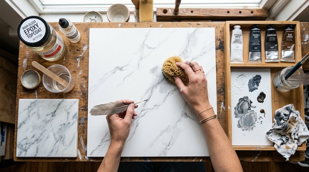 Close-up of hands painting kitchen countertop with grey paint for a modern look.