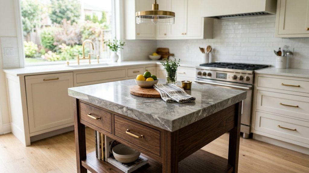 Modern kitchen featuring an affordable yet luxurious looking grey quartz countertop design.