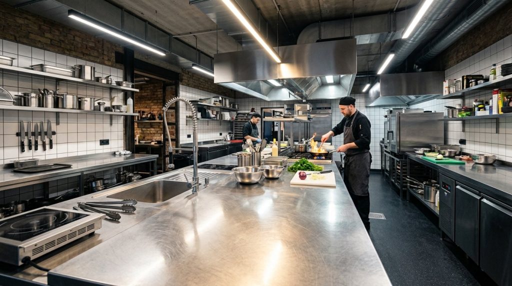 Modern industrial kitchen featuring budget-friendly countertops with a luxurious high-end aesthetic.