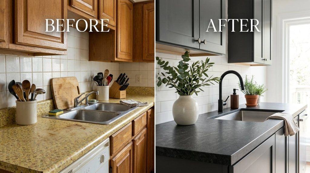A close up view of worn kitchen countertops before being replaced with a high-end low cost renovation.