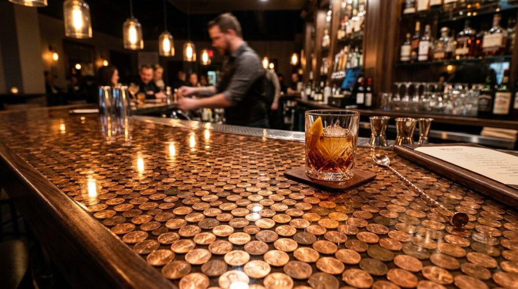 Close up of a DIY kitchen bar countertop created using recycled copper pennies for a unique high end look.