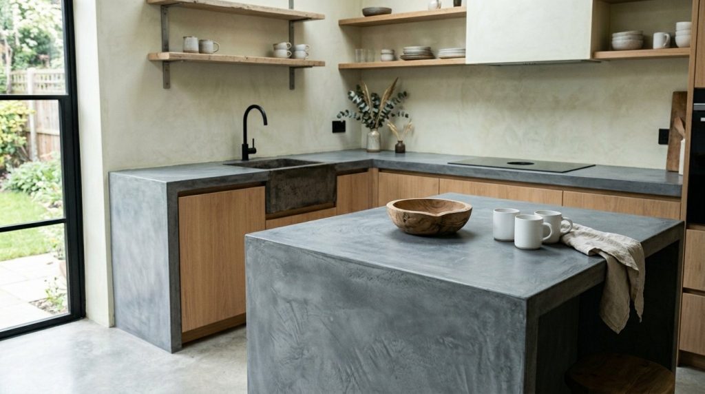 Close up of modern high-end looking budget kitchen countertops