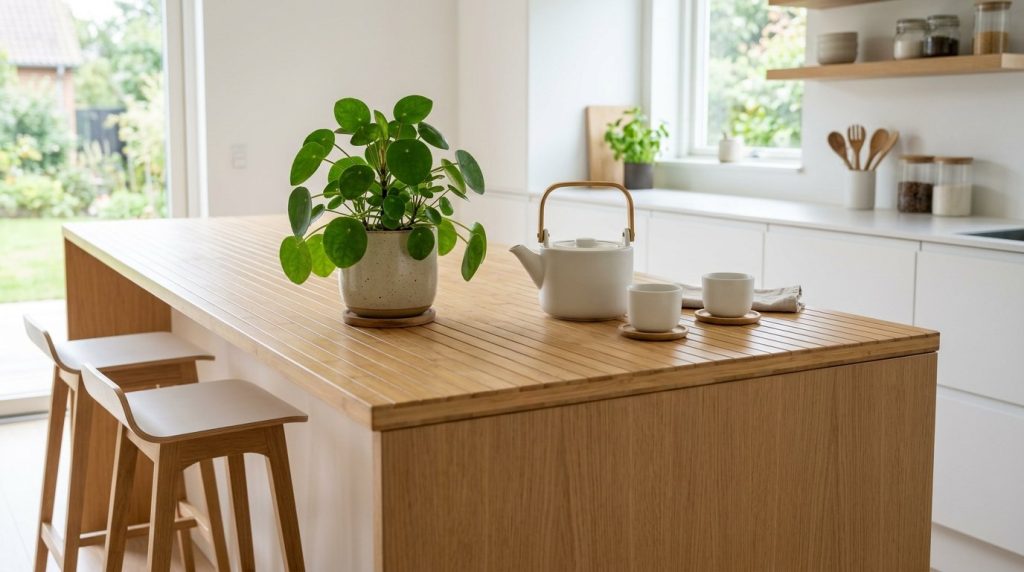A stylish kitchen island featuring a budget-friendly high-end look countertop.