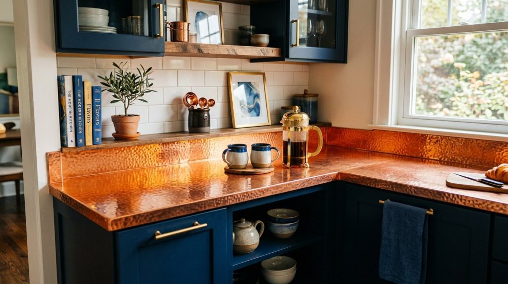 A beautifully styled kitchen nook featuring an affordable and elegant countertop upgrade for a high-end look.
