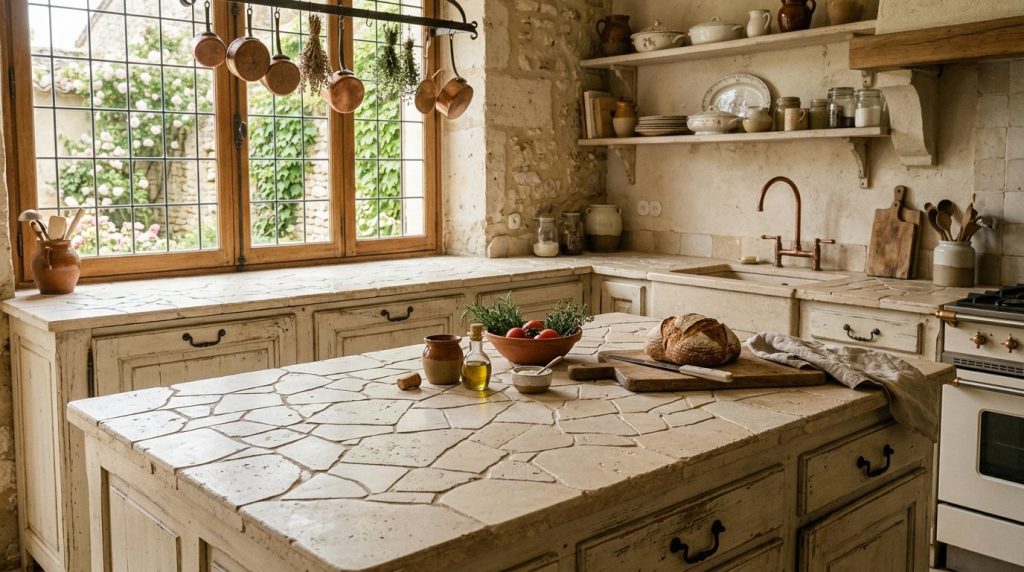 Close up of natural limestone countertop slabs in a modern kitchen design.