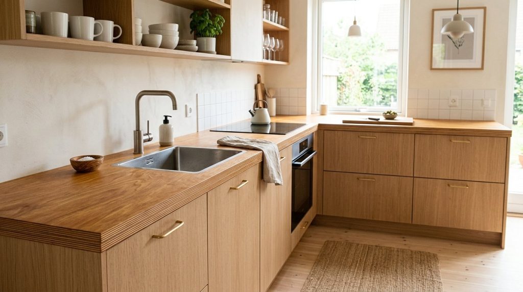 Modern Scandi style kitchen with stylish and affordable countertops for a high-end look.