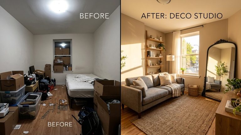 A bright, organized small apartment living space styled with budget-friendly decor ideas.