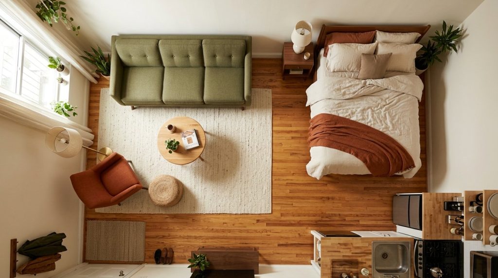 Modern organized studio apartment interior featuring budget-friendly storage solutions and space-saving furniture.
