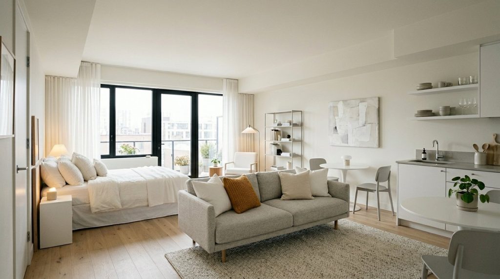 A bright and organized small apartment interior with budget-friendly decor ideas.