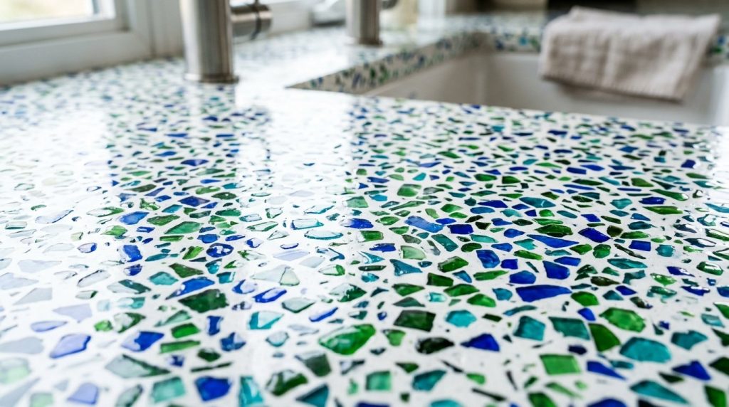 A stylish and affordable terrazzo kitchen countertop showcasing a high-end, modern interior aesthetic.