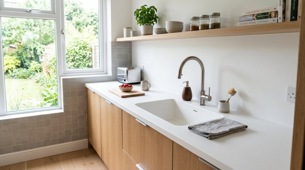 A sleek white Corian countertop in a bright, modern kitchen interior design.
