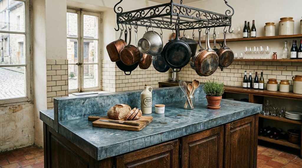 A close-up of a stylish zinc kitchen countertop in a modern high-end home.