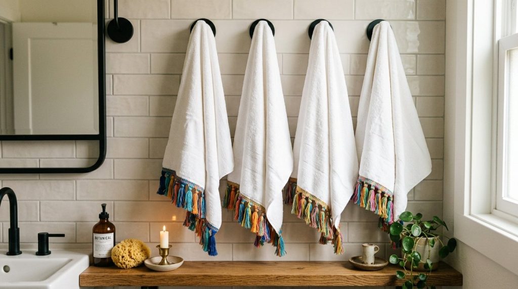 A soft and plush white cotton bath towel neatly folded in a bright modern bathroom.