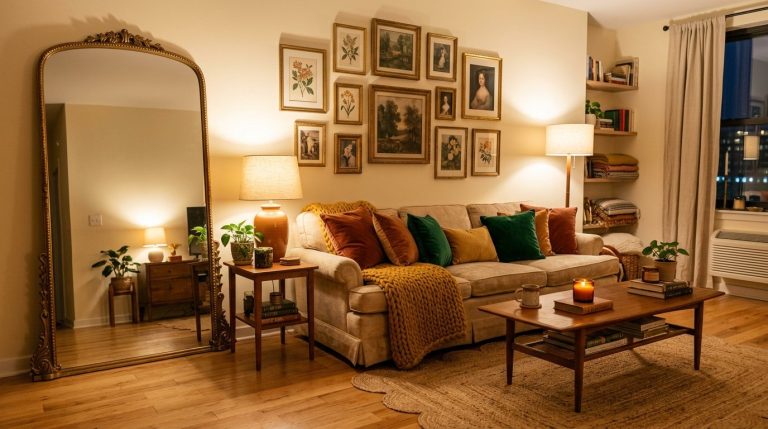 A stylishly decorated apartment living room featuring luxury decor accents achieved on a small budget.