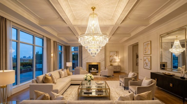 An elegant white living room with a massive crystal chandelier, marble fireplace, and panoramic city views from windows.