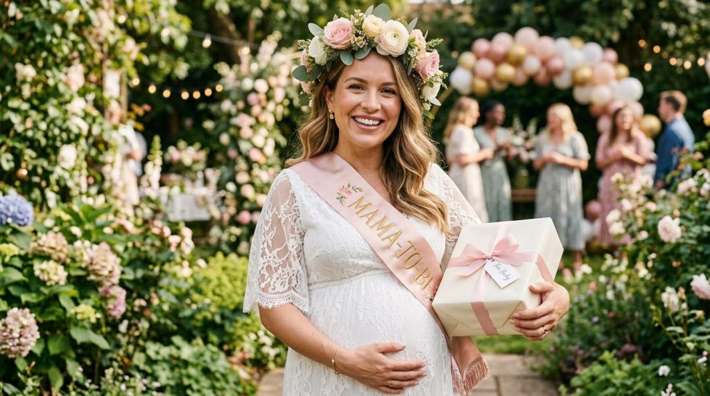A glowing mama-to-be in a white lace dress and flower crown smiles while holding a gift at her outdoor baby shower.