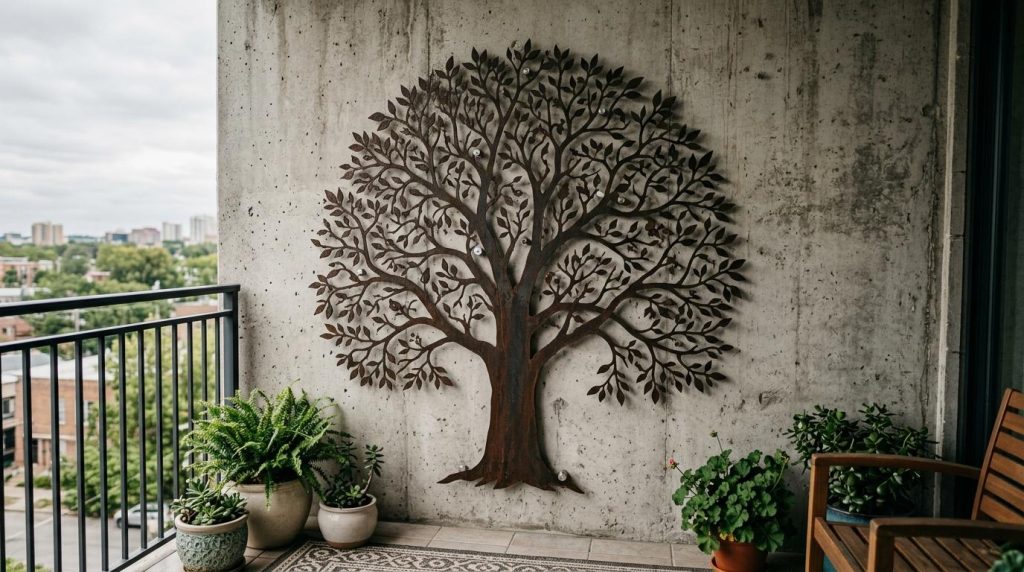 Large metal tree sculpture mounted on a concrete balcony wall, surrounded by various potted green plants and city views.