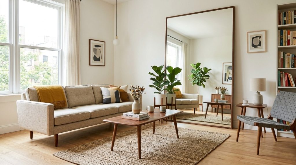 A bright, minimalist living room featuring a mid-century sofa, a large floor mirror, and lush green potted plants.