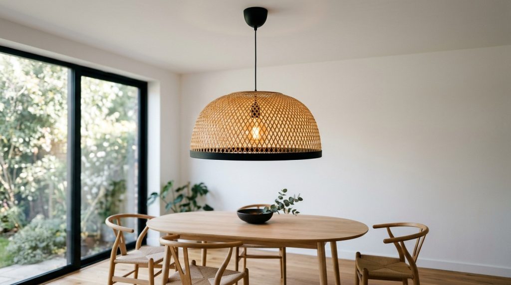 A minimalist dining room featuring a large woven bamboo pendant lamp over a light wood table with wishbone chairs.