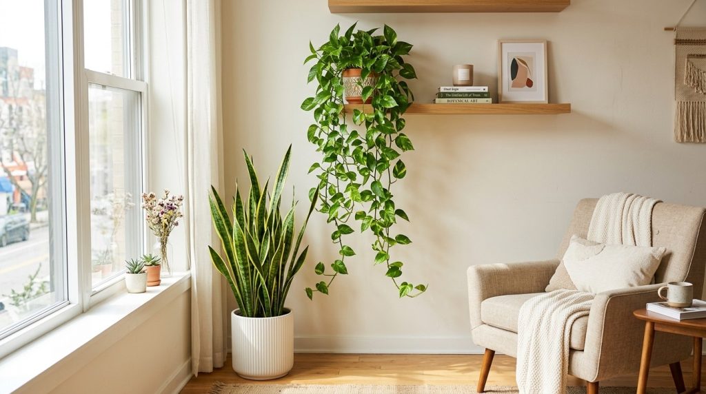 A sunlit minimalist living room featuring a large trailing pothos, a snake plant in a white pot, and a cozy beige armchair.