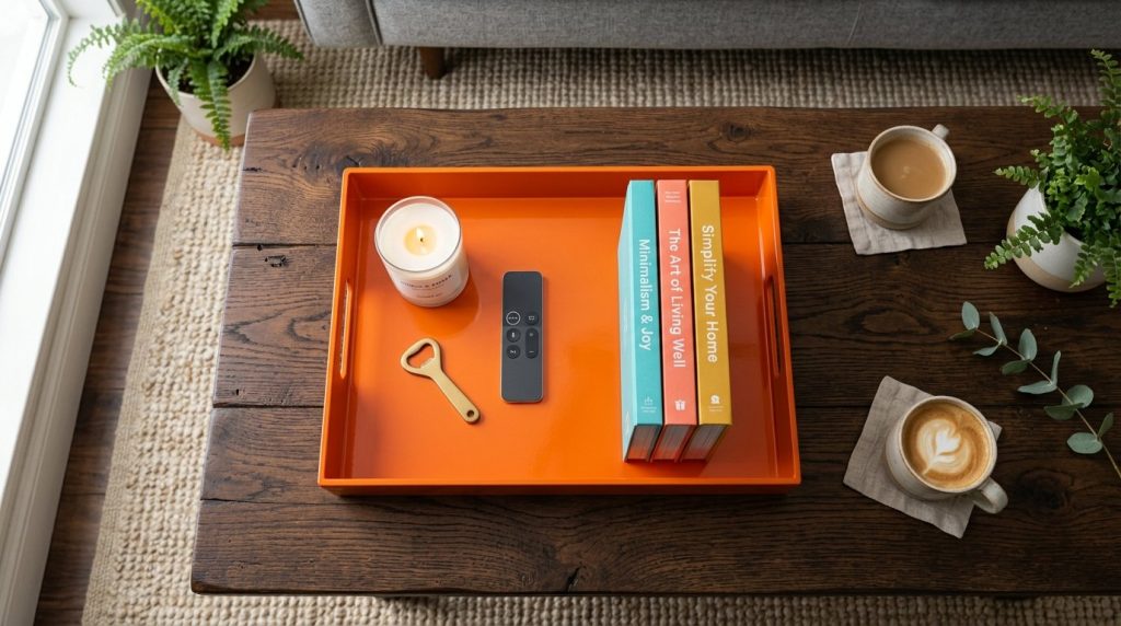 A sleek modern wooden coffee table featuring minimalist decor in a bright, contemporary living room.