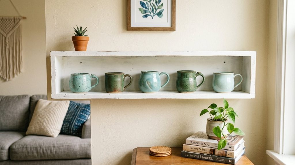 A clean white minimalist shelf displaying curated decorative objects in a modern home interior.