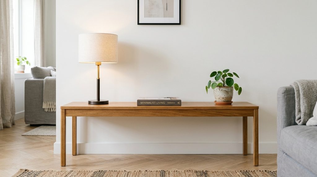 A minimalist wood console table decorated with a modern lamp, a book, and a potted plant against a clean white wall.