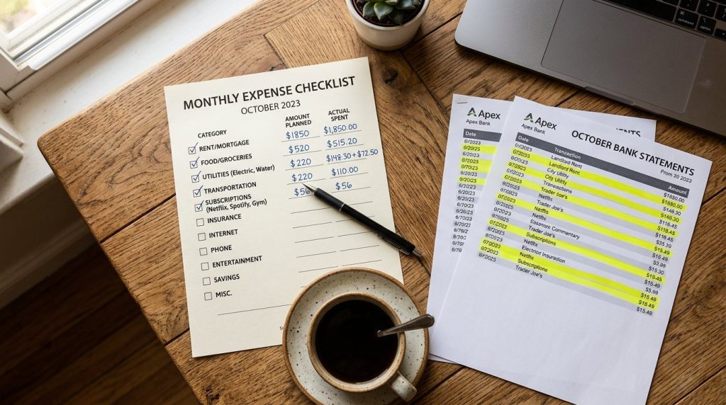 A clean, minimalist wooden desk setup in a bright, modern home office environment.