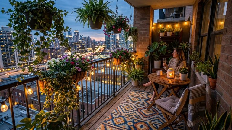 A modern, minimalist apartment balcony overlooking an urban cityscape on a bright day.