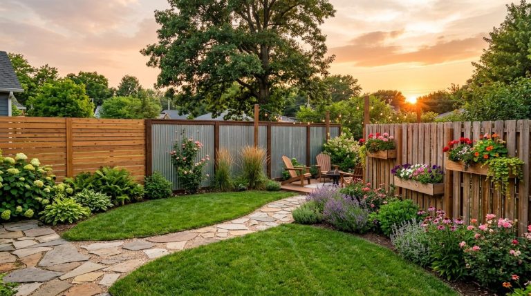 Serene backyard garden at sunset with a flagstone path, lavender, roses, and a stylish privacy fence under a warm sky.