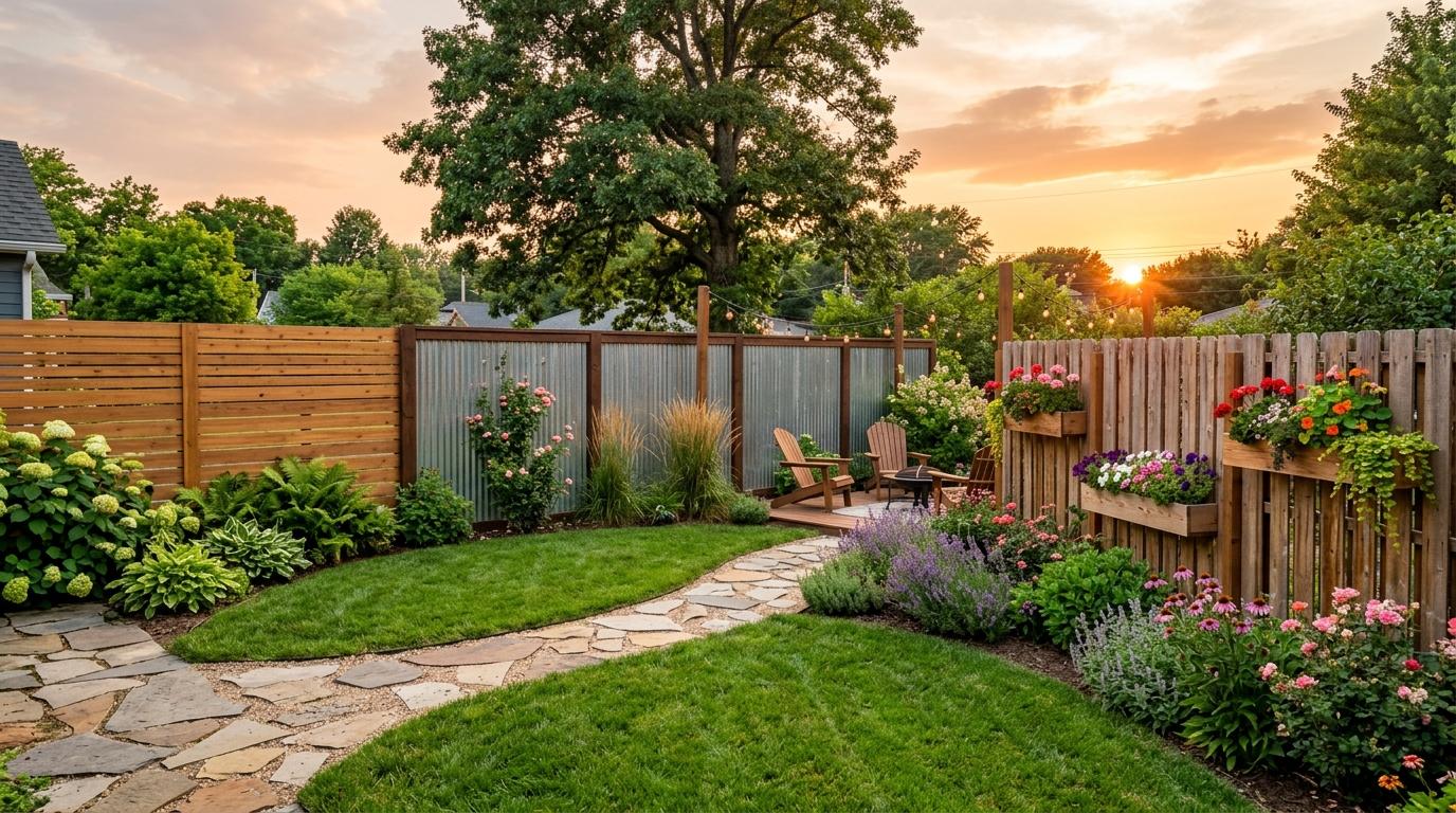 Serene backyard garden at sunset with a flagstone path, lavender, roses, and a stylish privacy fence under a warm sky.