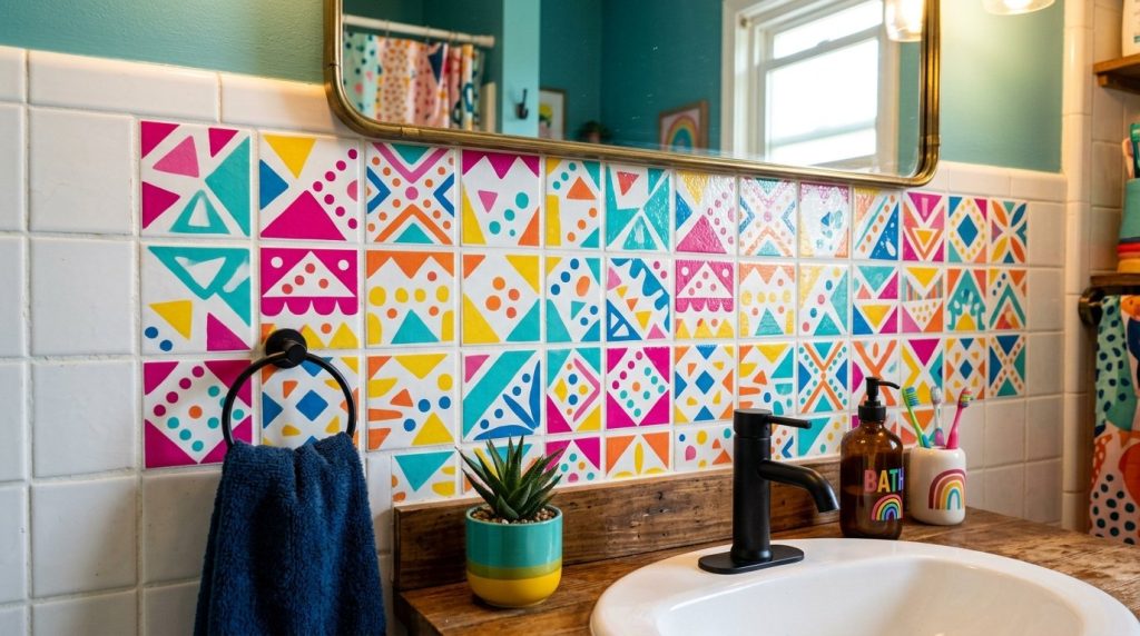 A stylish and modern bathroom backsplash featuring high-end tiling and clean professional design.