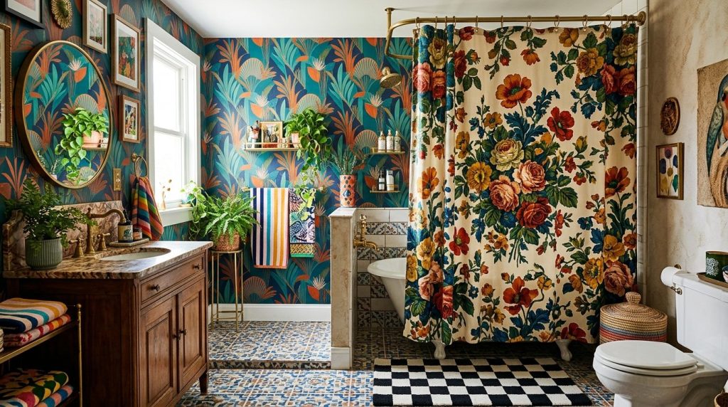 A modern bathroom interior featuring elegant patterned wall tiles and clean minimalist fixtures.