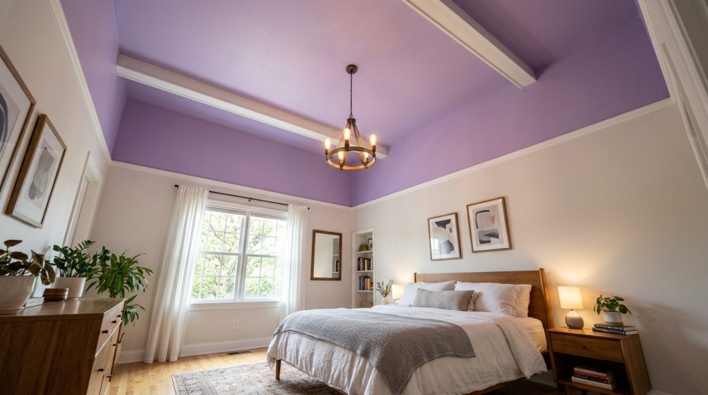 A modern bedroom interior featuring a vibrant purple tray ceiling, wooden bed frame, and a rustic wagon wheel chandelier.
