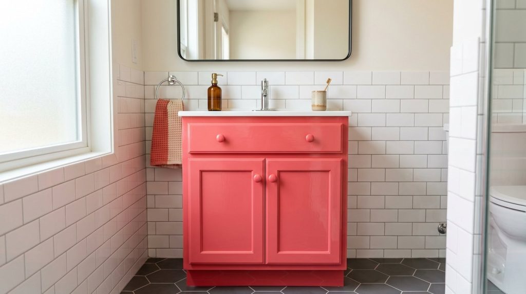 A stylish and modern bathroom interior featuring vibrant coral pink wall tiles and contemporary fixtures.