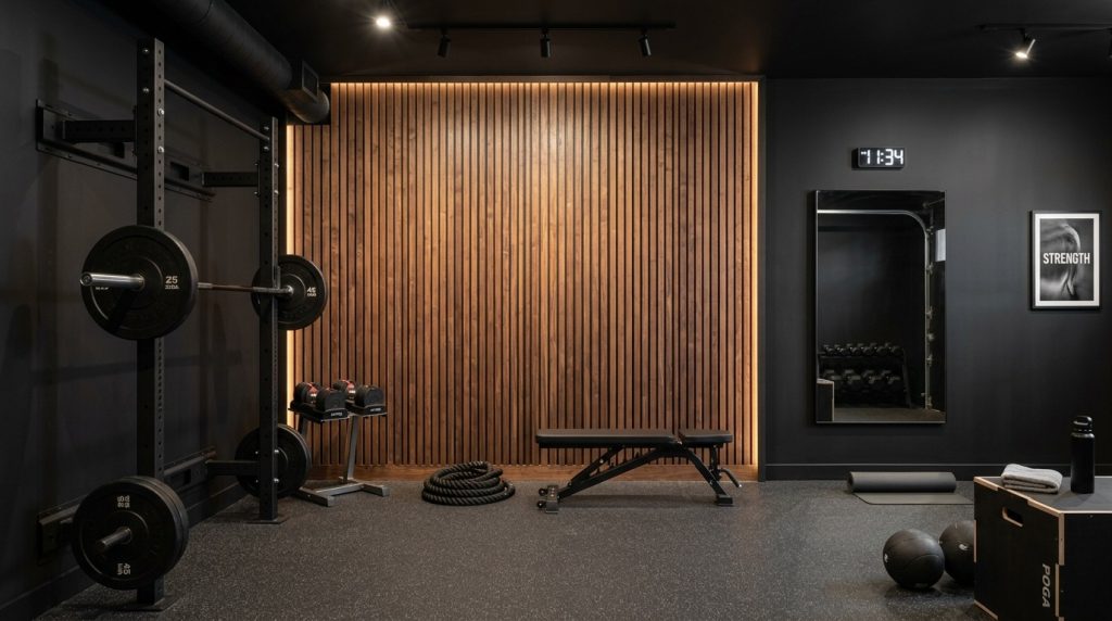 Modern home gym featuring black walls, a wood slat accent wall with lighting, a squat rack, and sleek fitness equipment.
