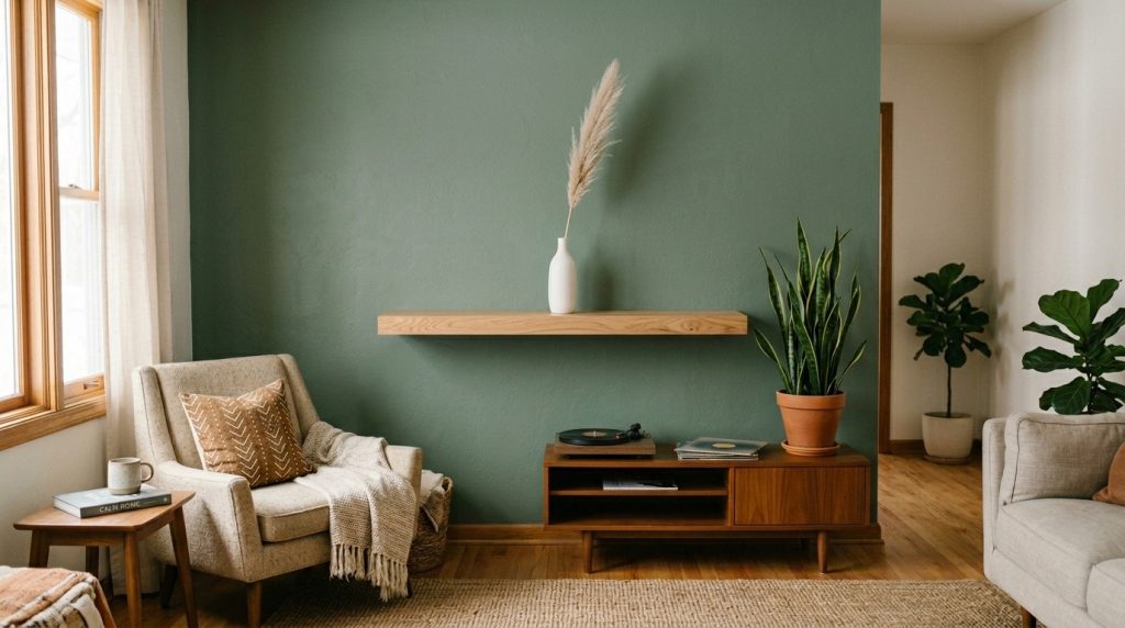 A cozy mid-century modern living room featuring a sage green accent wall, wooden furniture, a snake plant, and an armchair.