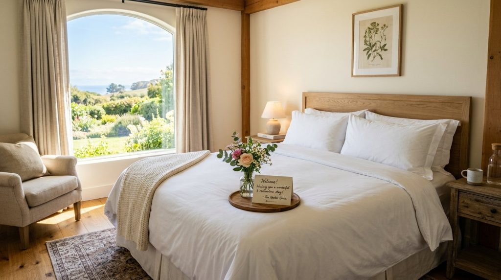 A well-lit and comfortable modern guest room featuring stylish furniture and neutral decor.