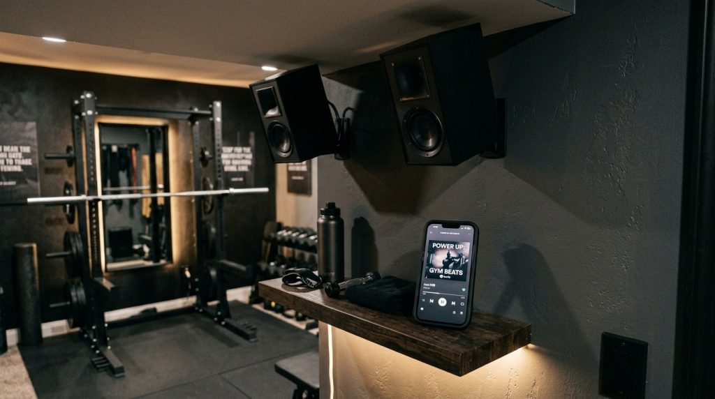 Modern dark-themed home gym featuring a power rack, speakers, and a smartphone playing workout music on a wooden shelf.